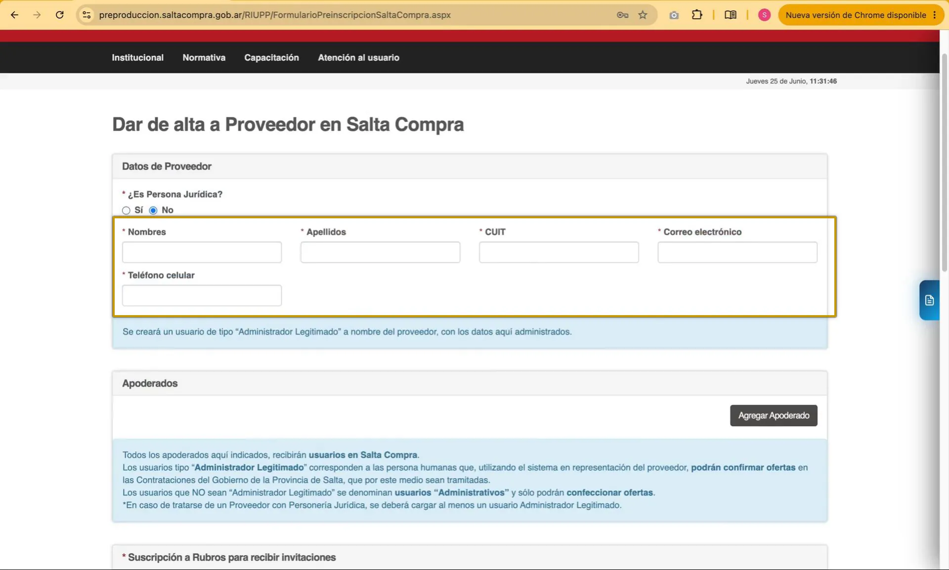 Captura del paso 5: Completar los datos como persona física