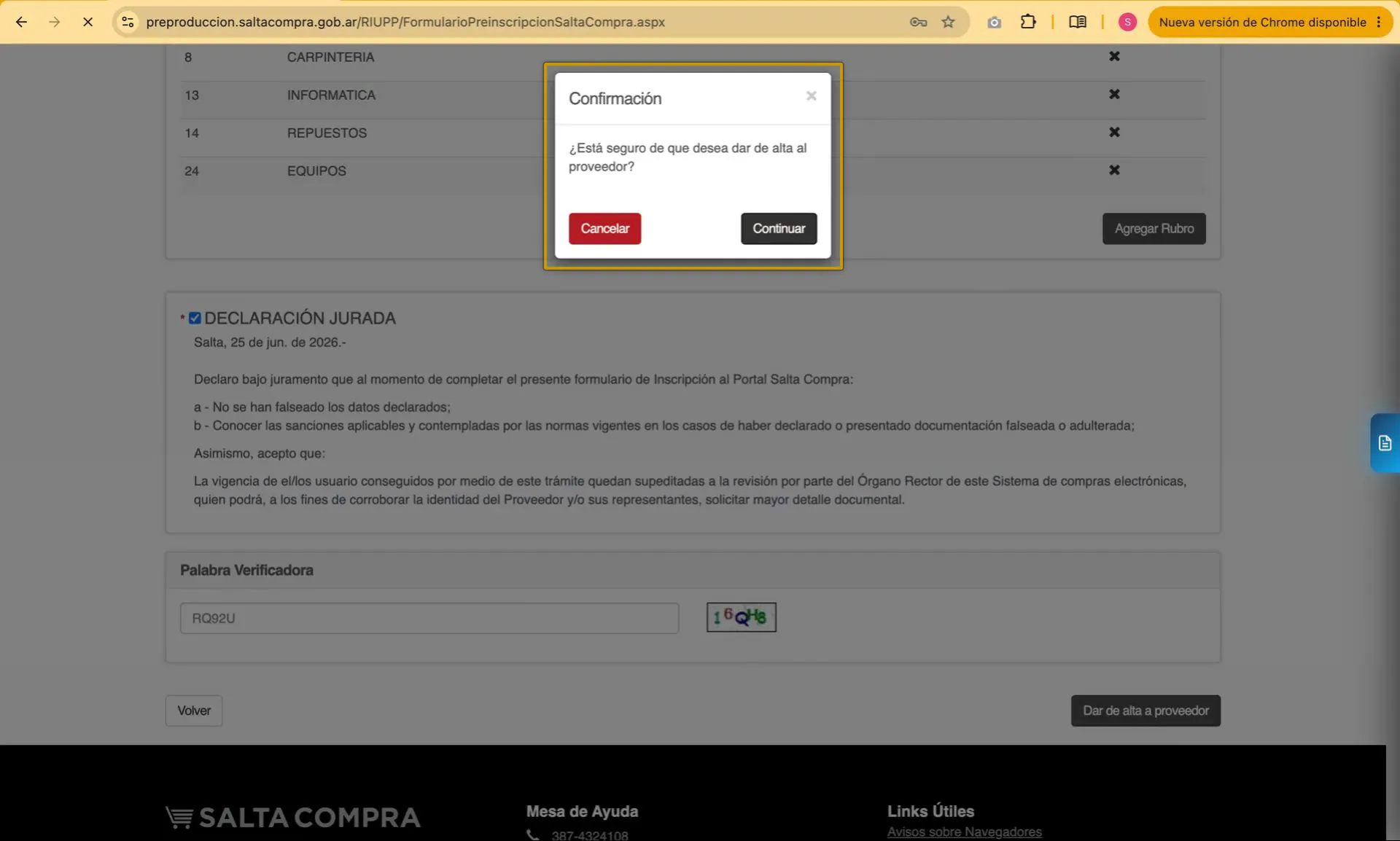 Captura del paso 9: Aceptar la declaración jurada y dar el alta