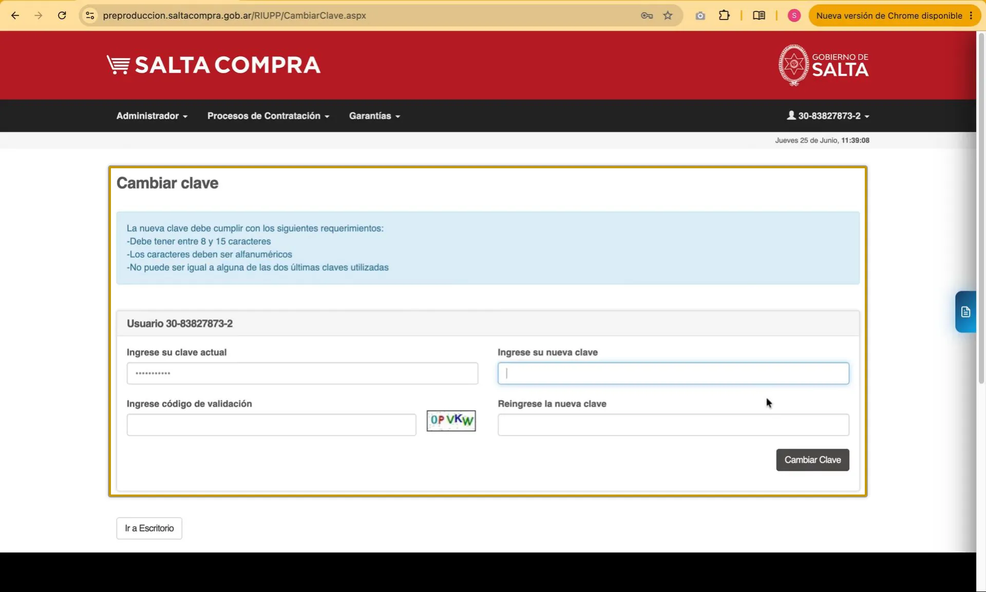 Captura del paso 12: Cambiar la clave en el primer ingreso