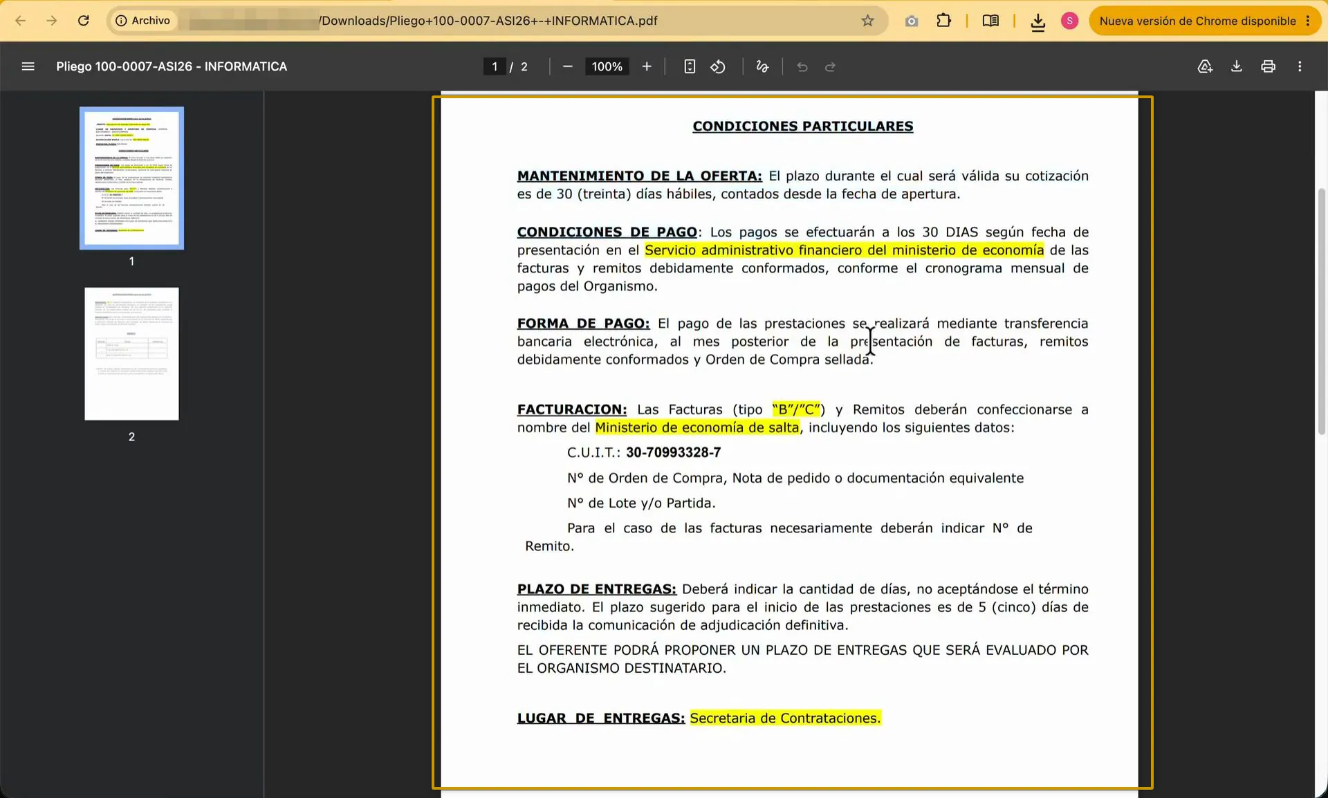 Captura del paso 5: Descargar y leer el pliego de condiciones particulares