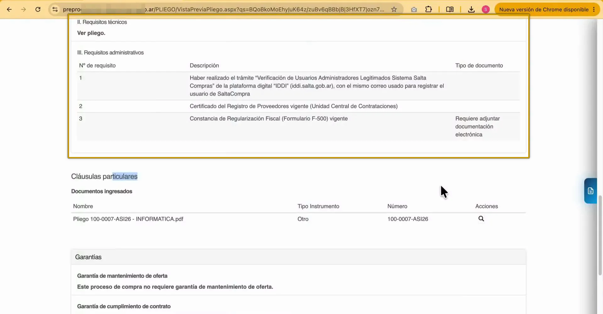 Captura del paso 6: Revisar los requisitos mínimos de participación