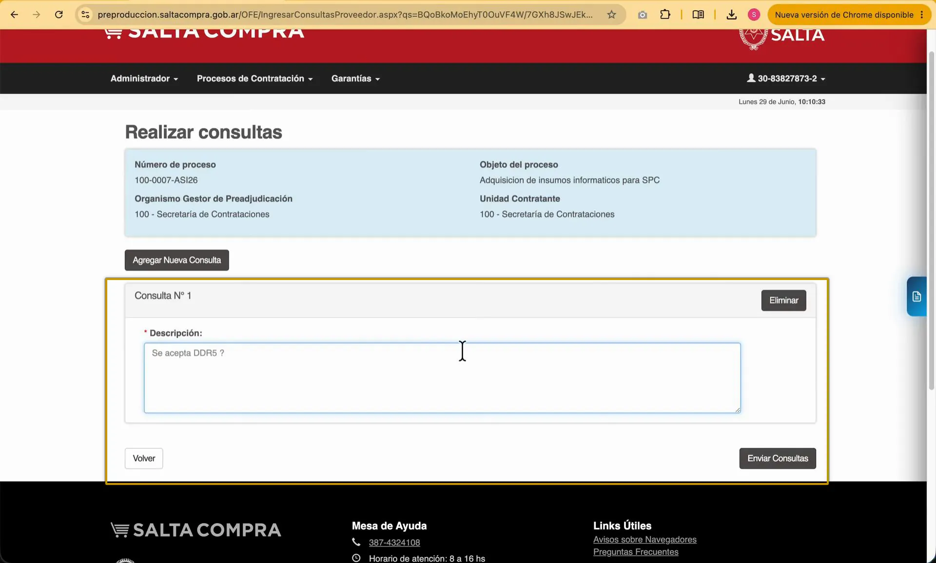 Captura del paso 10: Ingresar una consulta al organismo