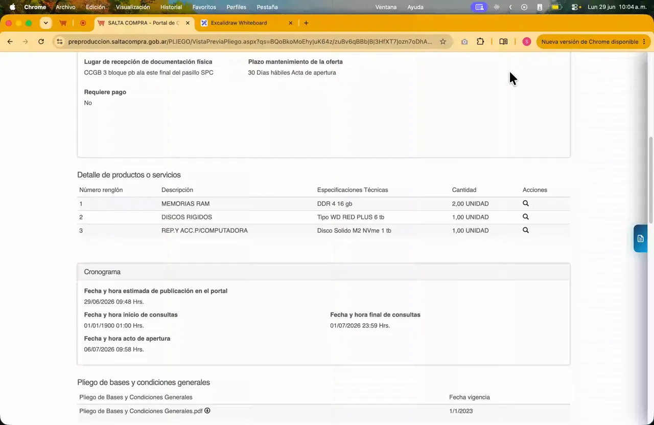 Captura del paso 4: Revisar el cronograma y el pliego general