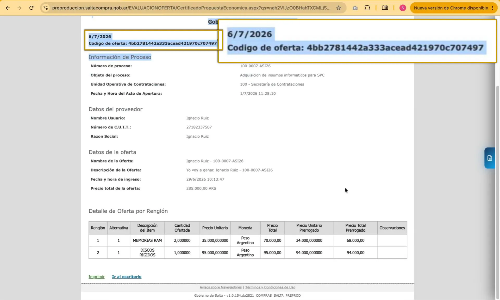 Captura del paso 6: Aceptar el renglón y enviar la propuesta mejorada