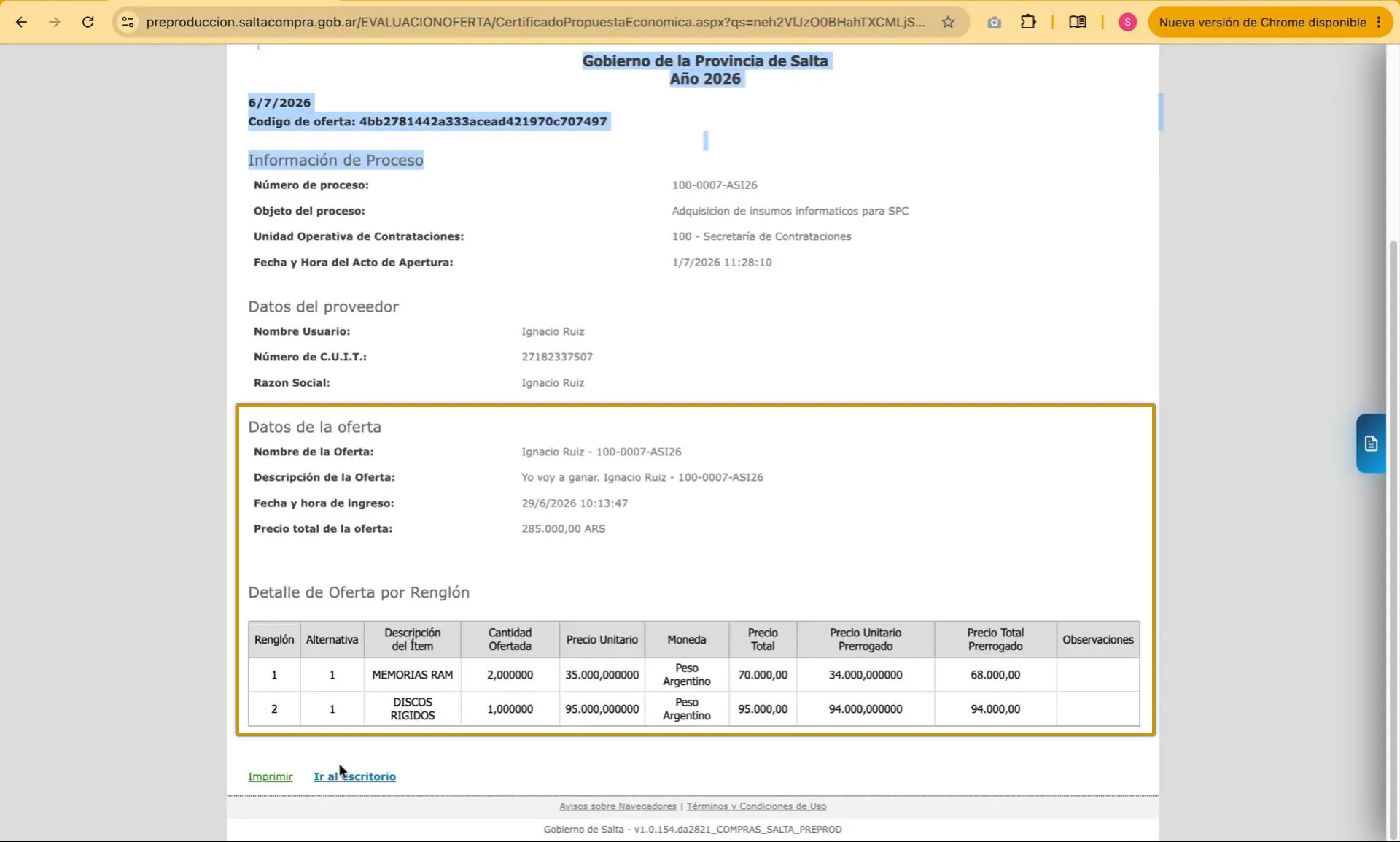Captura del paso 7: Revisar el Certificado de Propuesta Económica