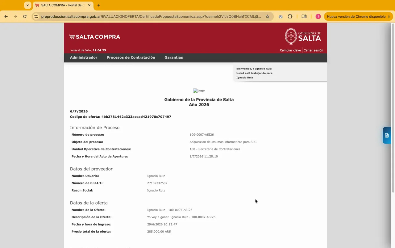 Captura del paso 7: Revisar el Certificado de Propuesta Económica