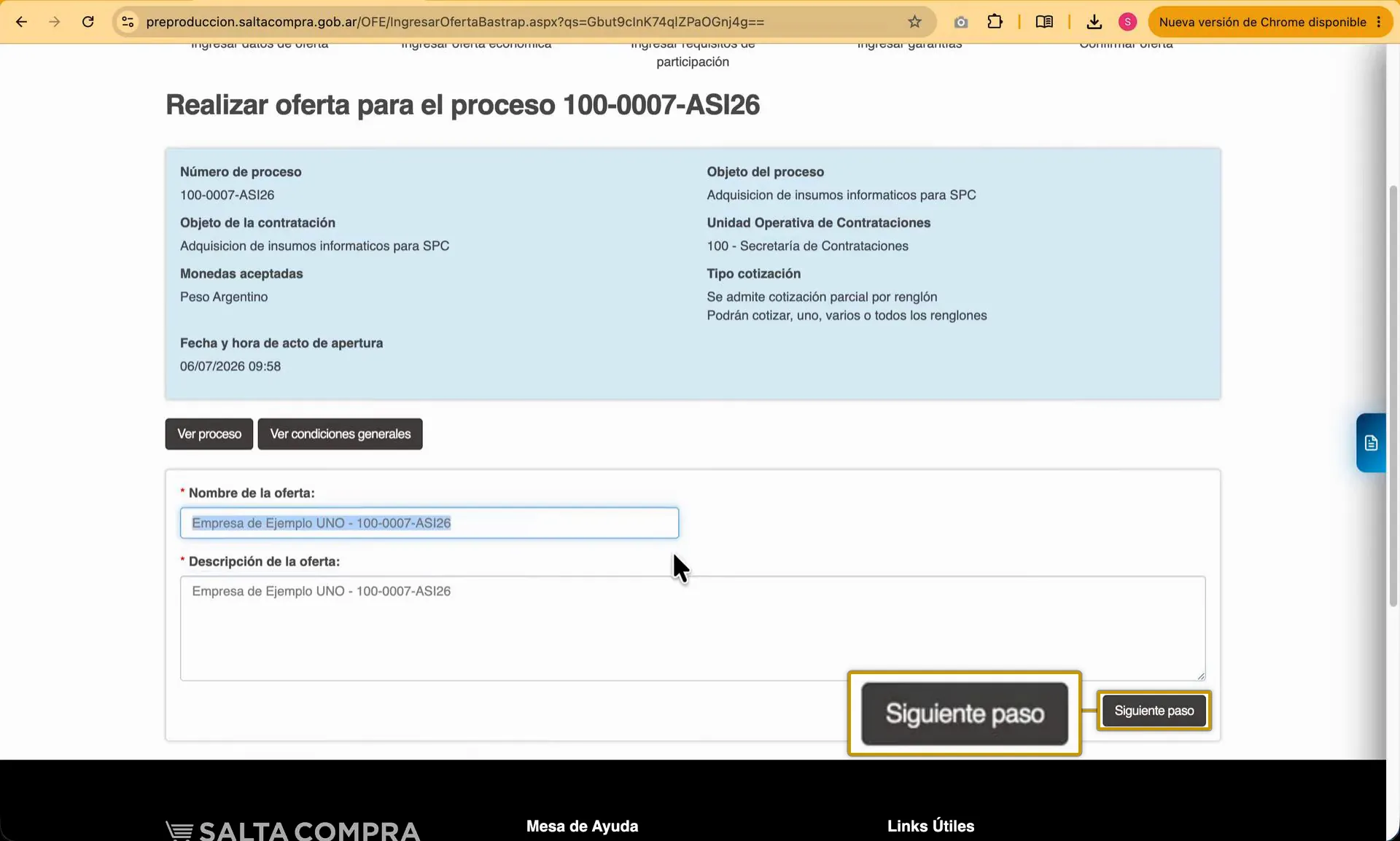 Captura del paso 1: Iniciar la oferta y revisar los datos basicos