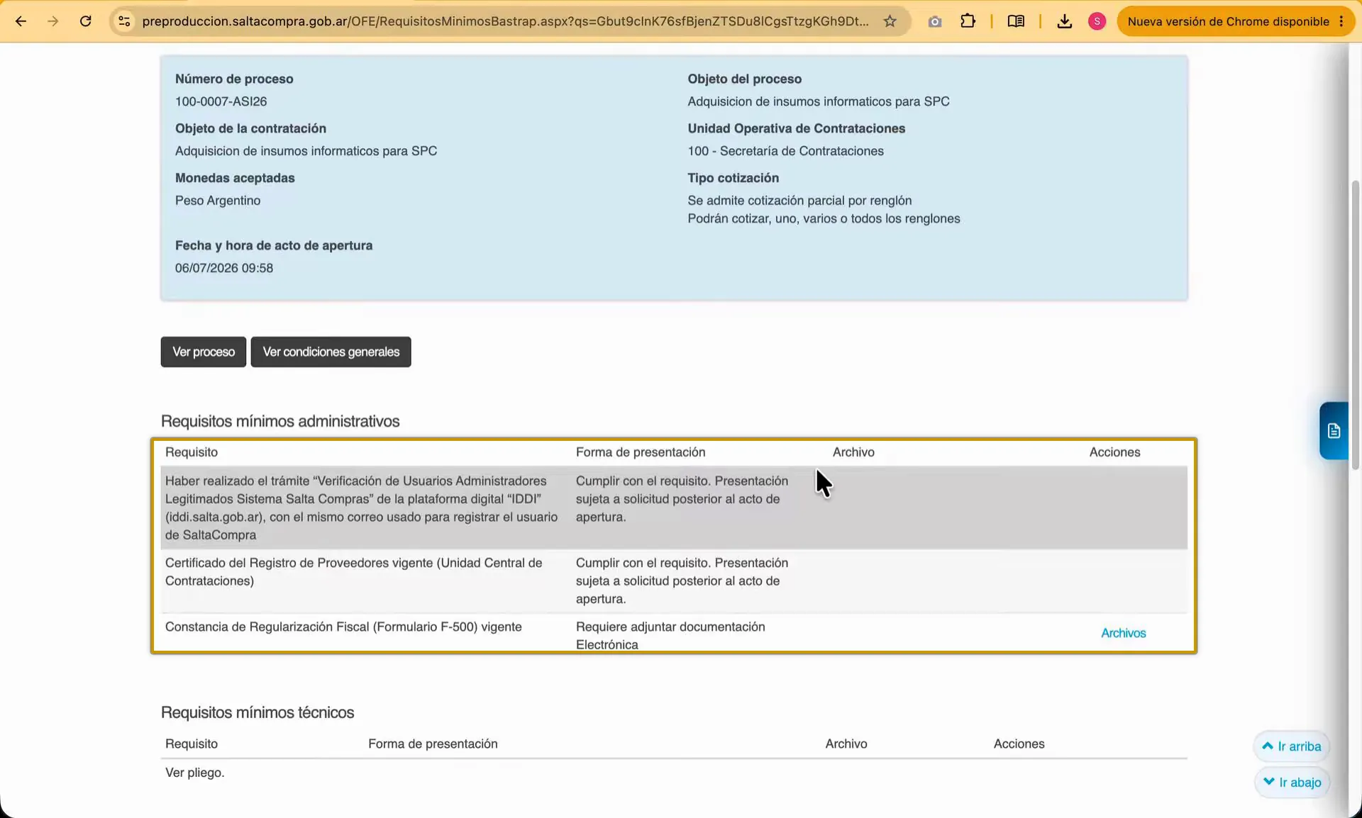 Captura del paso 7: Revisar los requisitos mínimos de participacion