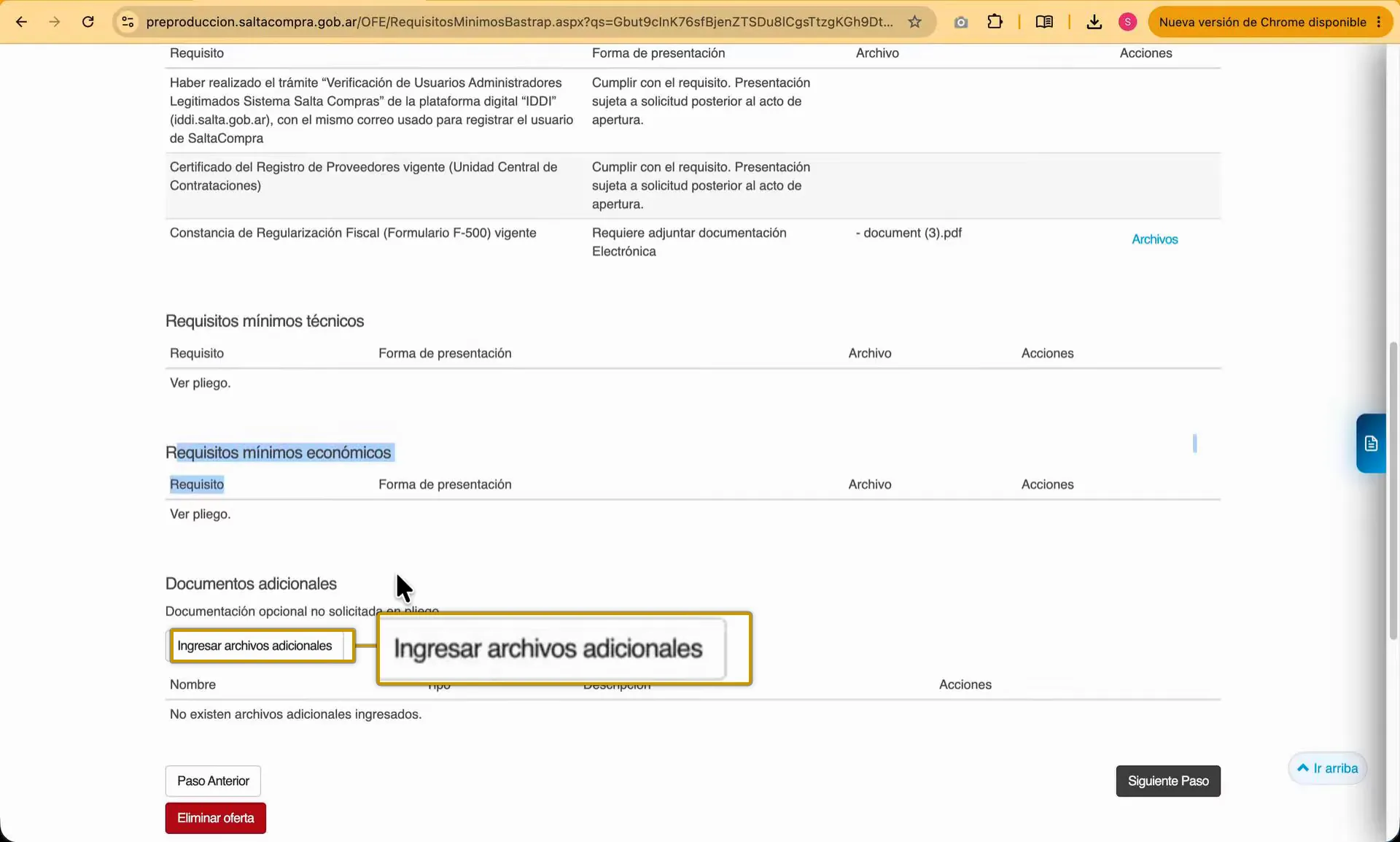 Captura del paso 9: Verificar que los requisitos queden completos
