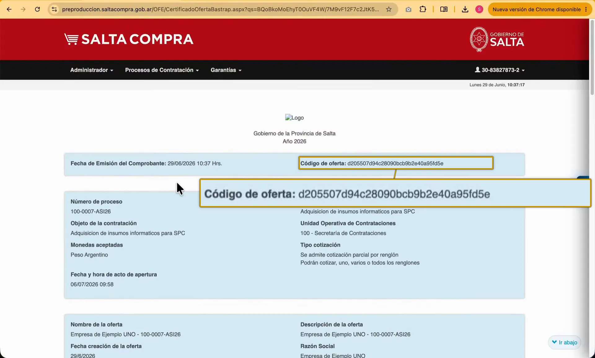 Captura del paso 14: Guardar el certificado de oferta (comprobante)