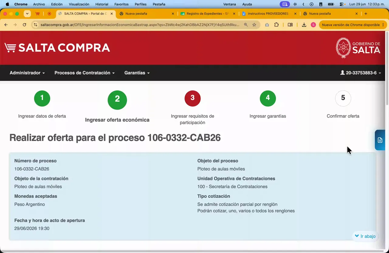 Captura del paso 2: Revisar los renglones a cotizar en la oferta económica