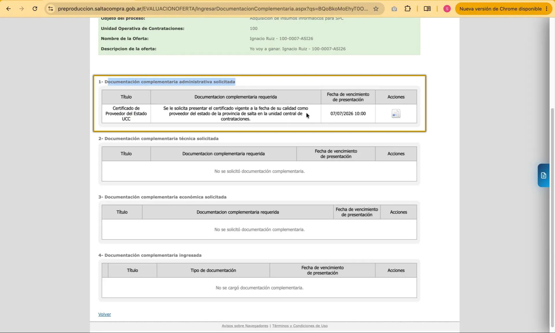 Captura del paso 3: Acceder al formulario de documentación complementaria
