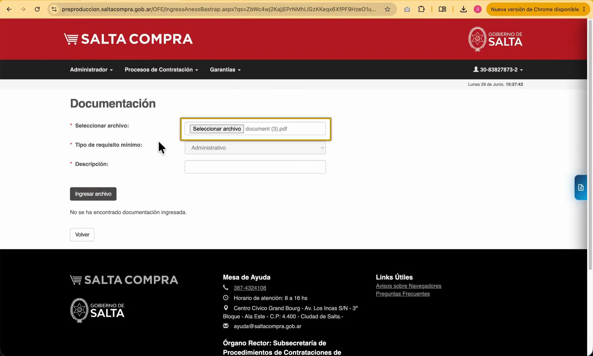 Captura del paso 1: Abrir el formulario de documentación