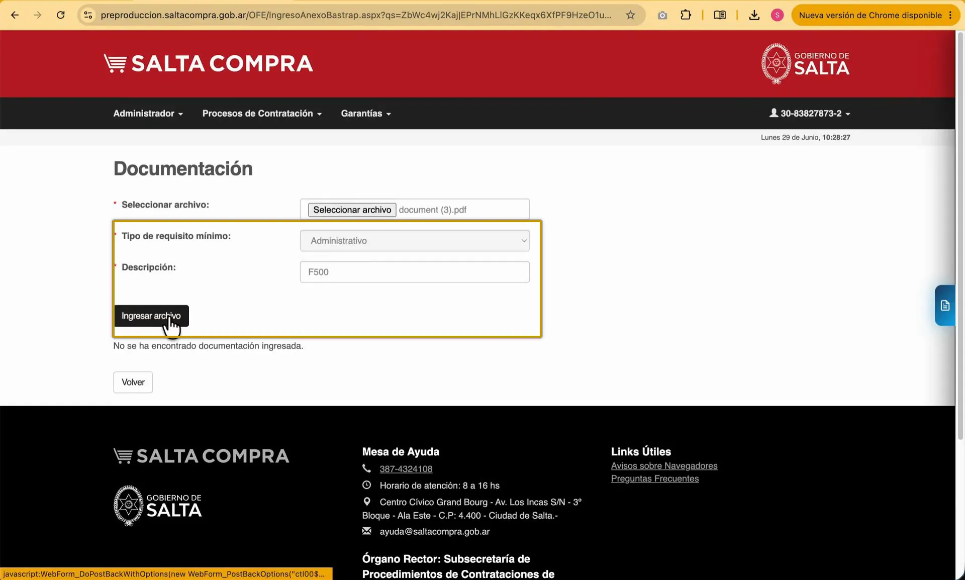 Captura del paso 2: Completar el tipo, descripción e ingresar el archivo