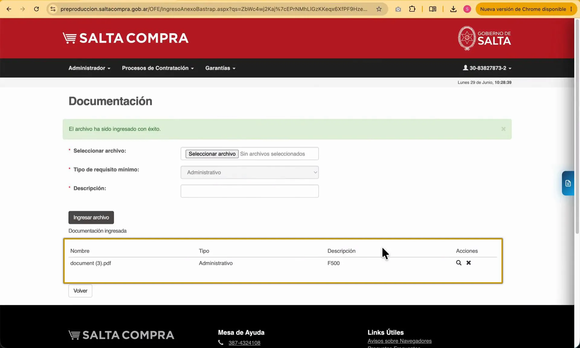 Captura del paso 3: Verificar el documento en la tabla