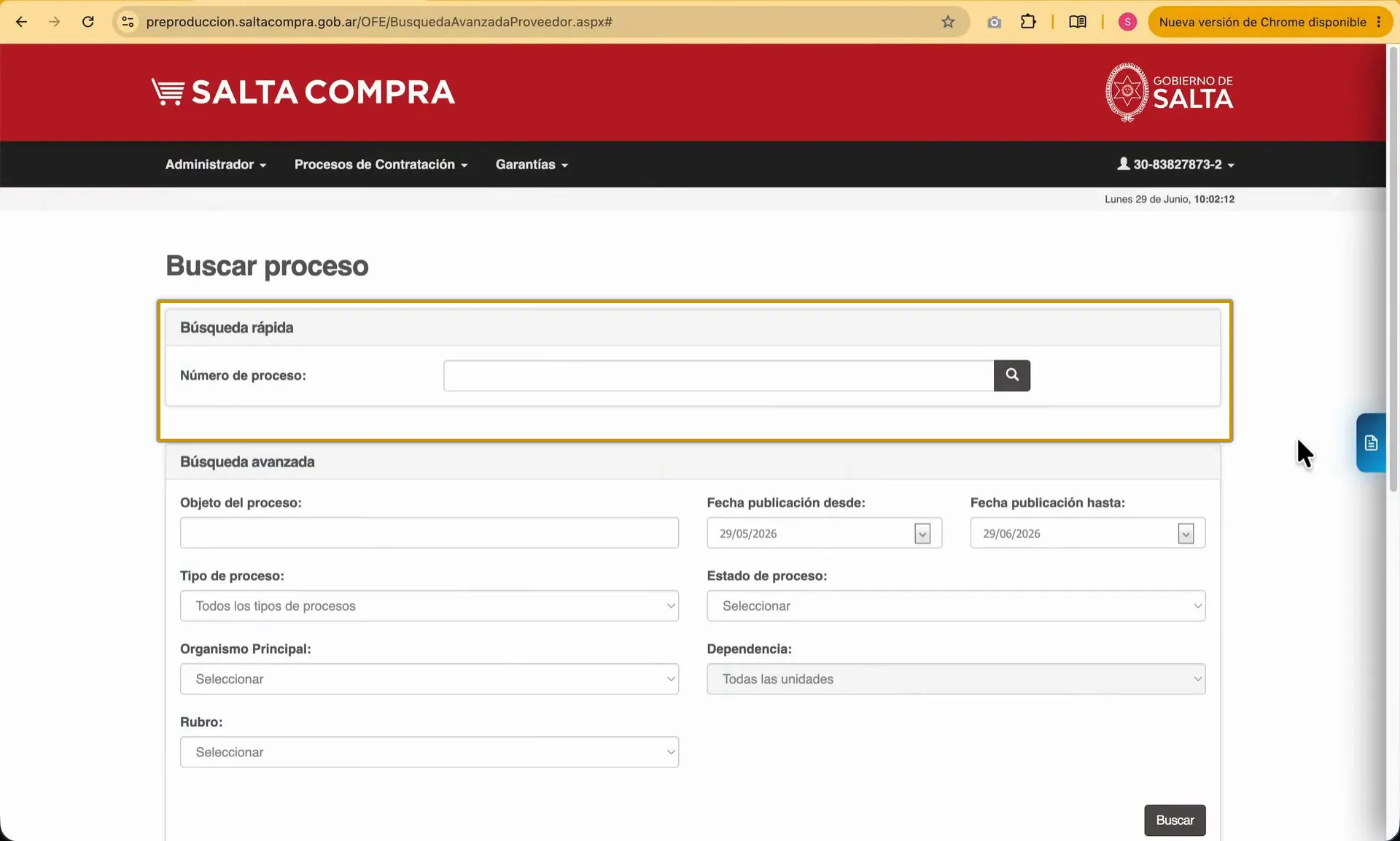 Captura del paso 1: Abrir la pantalla Buscar proceso