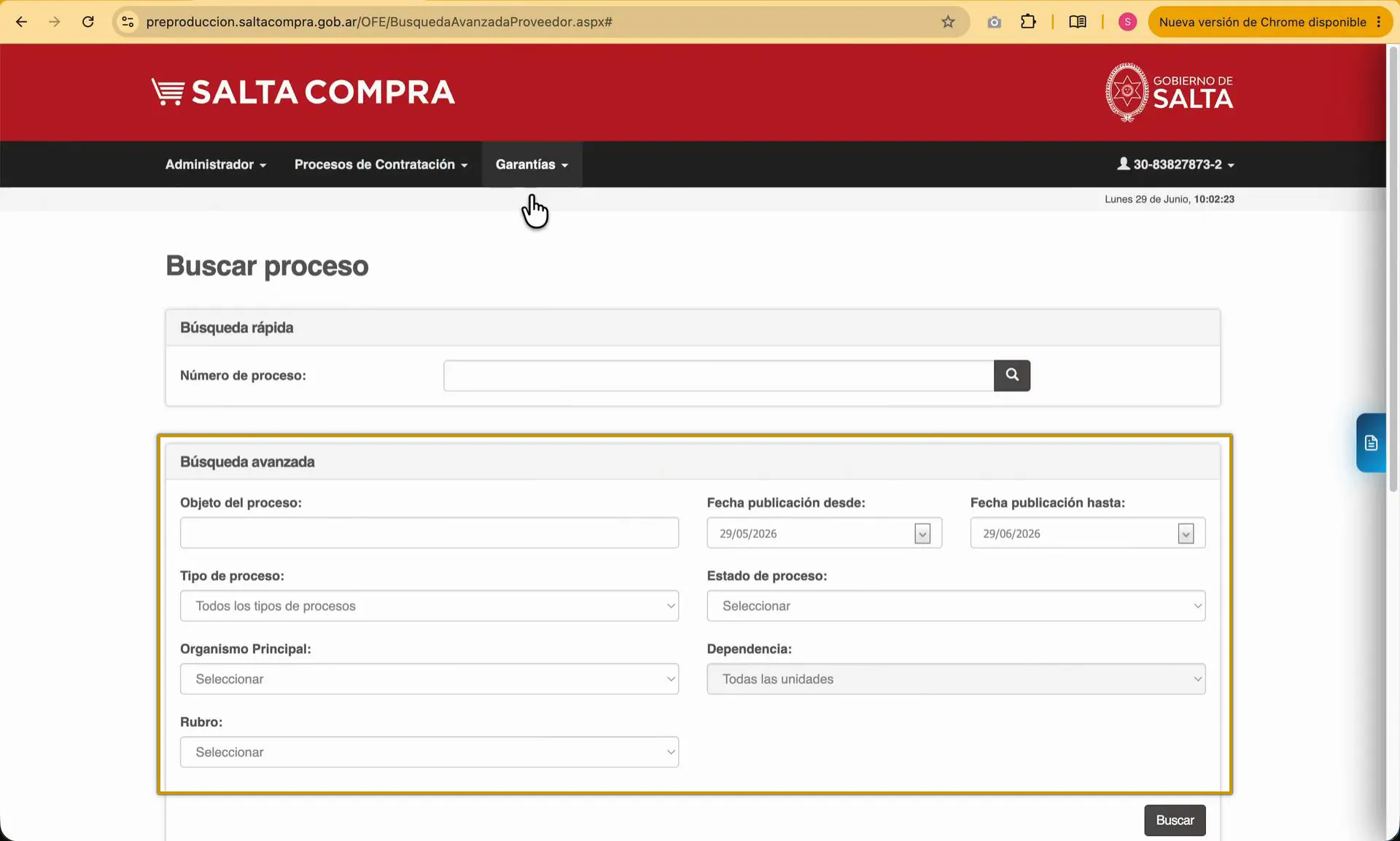 Captura del paso 2: Completar los filtros de la búsqueda avanzada y buscar